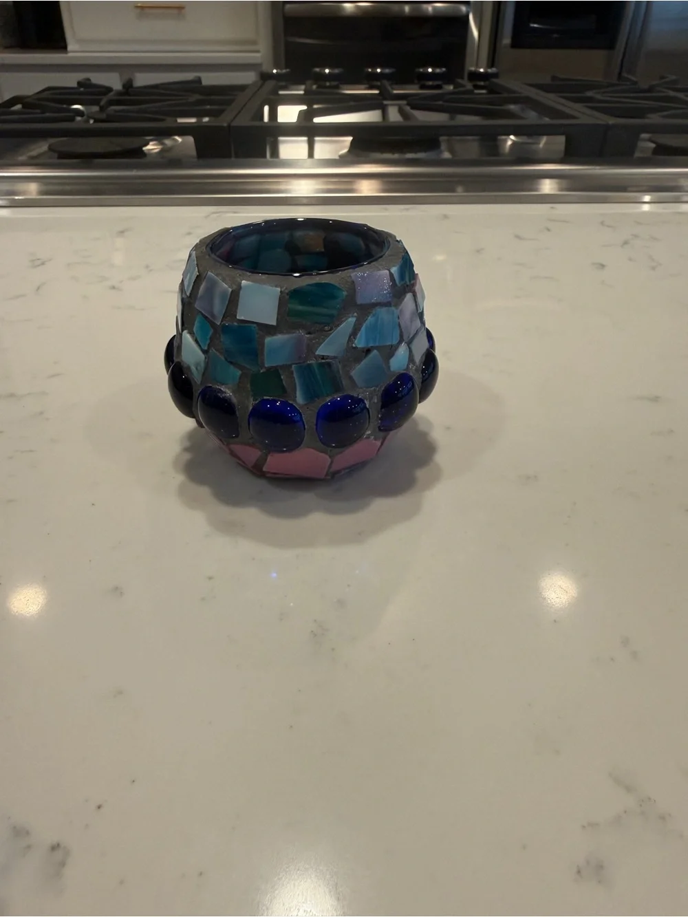 Handmade Mosaic Glass Votive Candle Holder Blue Aqua Pink Boho Decor